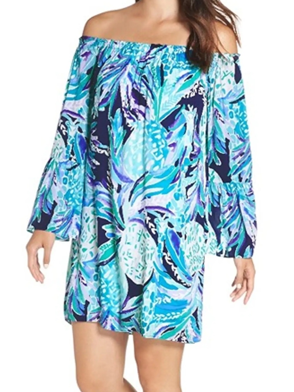 Lilly Pulitzer Nevie blue tropical floral off shoulder flowy tunic dress size XS